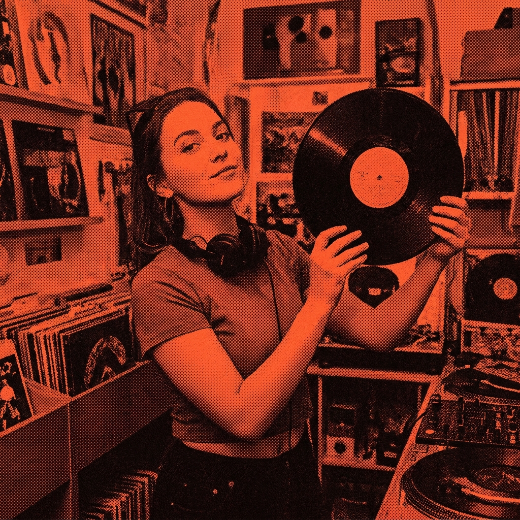 A DJ holding a vinyl record in a record shop, duotone print