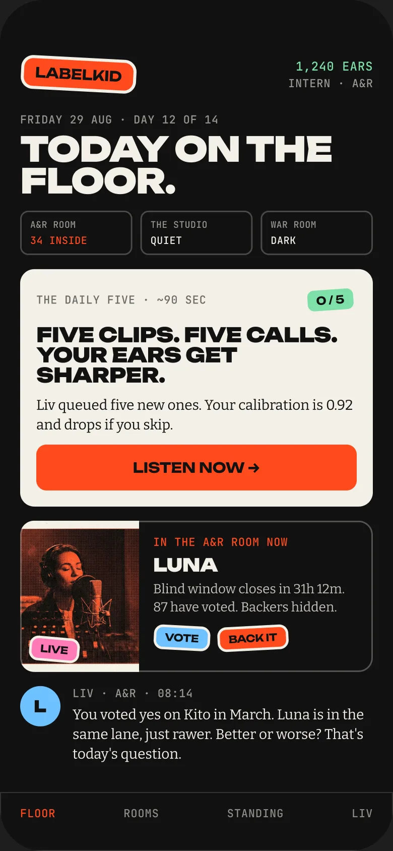 The Floor: today's feed in the member app, with the Daily Five and a live audition